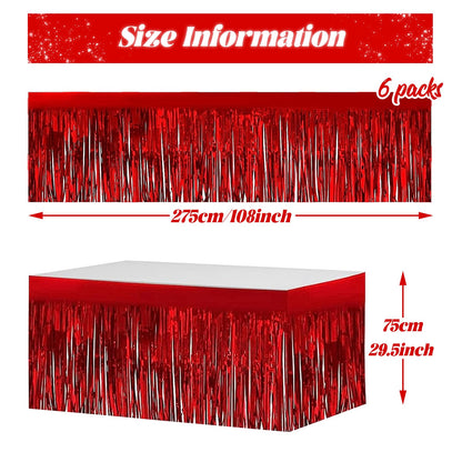 6 PCS Red Metallic Foil Fringe Tinsel Table Skirts 9 Feet x29.5 Inch for Rectangle Tables, Tinsel Backdrop Curtains,Party Supplies,Wedding, Birthday, Parade Floats, Christmas Decorations