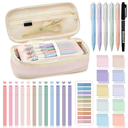 Jutom 39 Pcs Aesthetic Book Annotation Kit Highlighter with Case Bag Gel Pen Transparent Sticky Note Taking Bible Supplies(Pink,Cute Style)
