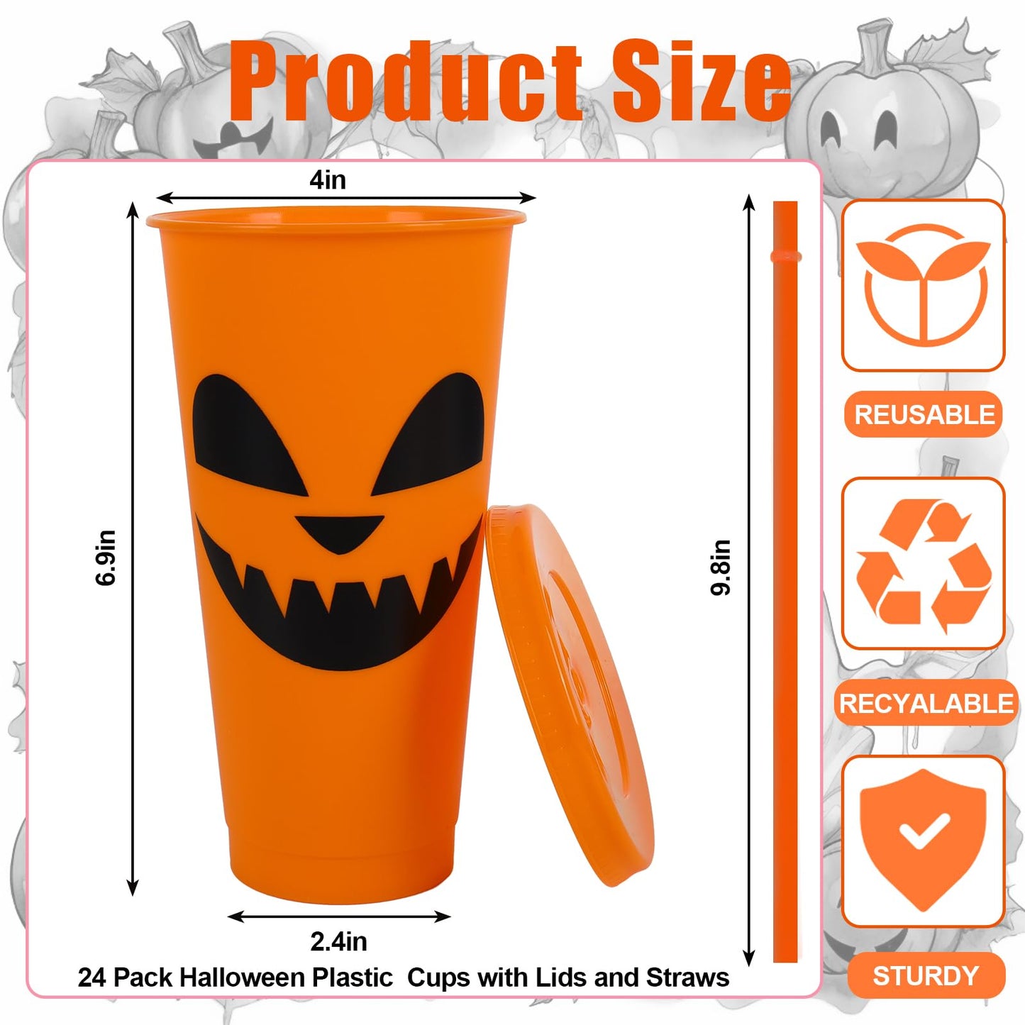 JarThenaAMCS 24Pcs Halloween Plastic Cups with Straws Lids Orange Pumpkin Plastic Tumbler Spooky Festive Cold Cups for Home Office Halloween Party Supplies