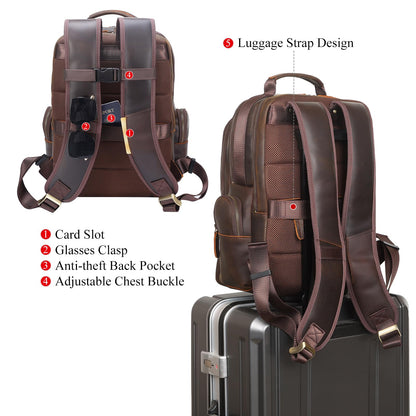 TIDING Vintage Full Grain Leather 15.6 Inch Laptop Backpack for Men Large Capacity Travel Rucksack Weekender Camping Daypacks