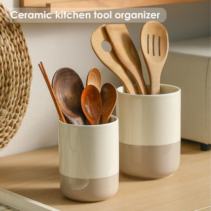 CLAYORA Ceramic Utensil Holder Set, 6.3''+5.3'' Cooking Utensil Crocks for Kitchen Counter, Modern Design Cooking Tool Organizer Set of 2, 800ml+1300ml Ideal for Spatula, Cutlery, Makeup, Flower Vase