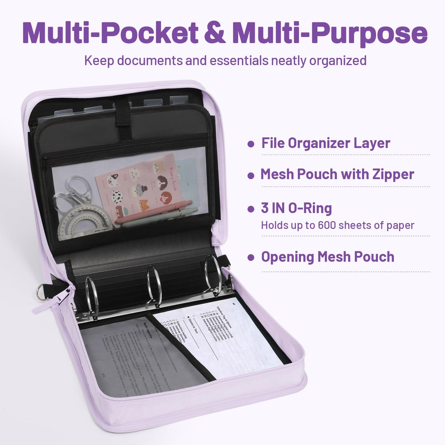 SUNEE Zipper Binder 3 Ring, 3 Inch O-Ring with Handle and Shoulder Strap, 600-Sheet Capacity, 5-Tab Expanding File Folder, Multi-Pockets for Middle School Organizer Binder with Zipper, Lavender Purple