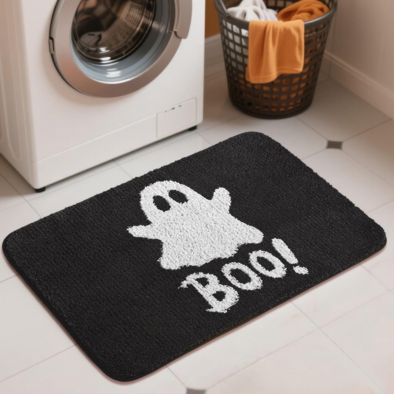 HONCO DIRECT 20x32 inch Cute Halloween Black Bath Rug Ghost Bathroom Rug Non-Slip Floor Mat for Bathroom Rug Soft Absorbent Bath Tub Mat Room Halloween Decor Ghost Bath Mat