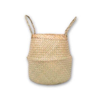 Woven Seagrass Belly Basket For Storage Plant Pot Baskets Laundry Picnic Grocery Baskets Woven Plant Pot Holder Home Decor For Storage Plants Wicker Laundry Basket (Large)