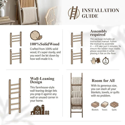 Wooden Blanket Ladder - Natural & Motley Wood - Leaning Wall Decor for Bedroom, Bathroom, Living Room - Rustic Quilt Holder & Towel Rack (Burnt Brown, 76in（6-Tier）)