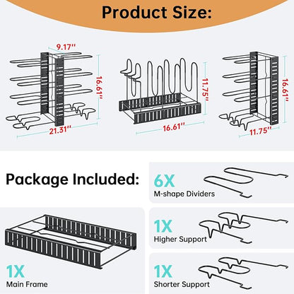 MUDEELA Pots and Pans Organizer Rack under Cabinet 16.61 Height, 8 Tiers Adjustable Pot Pan Rack with 3 DIY Methods, Pot Lid holder for Kitchen Cabinet Organizers and Storage