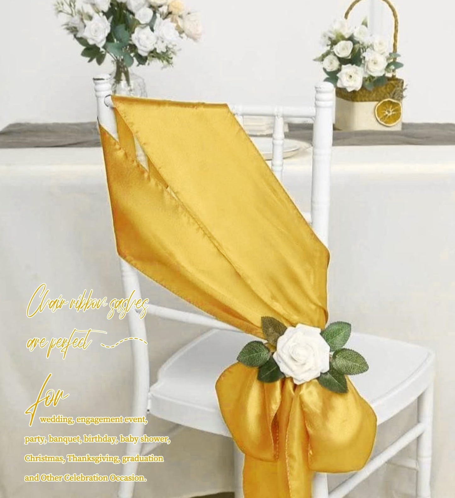 fani 120 PCS Satin Chair Sashes, Bows Designed ChairSashes, 7x78 inch Chair Sashes for Aisle Decorations Universal Chairs Cover Decoration for Wedding Reception Party Banquet (Gold)
