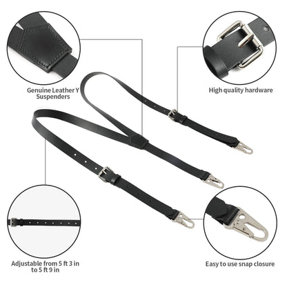Ringsun Genuine Leather Suspenders for Men, Y Design Hidden Suspenders Under Clothes with 3 Snap Loop, Adjustable Accessories for Men Wedding & Party Essentials, Black