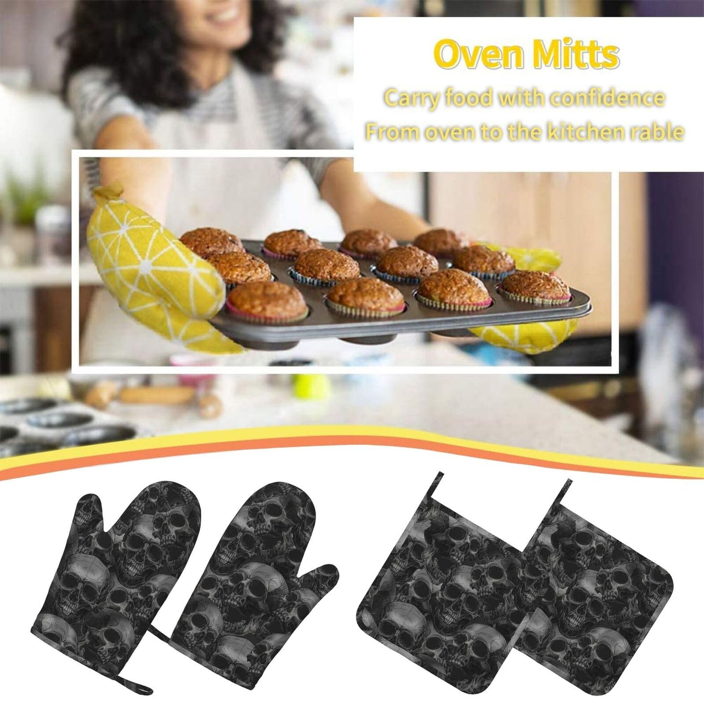 Scary Skull Halloween Horror Oven Mitts And Pot Holders Set Of 4 Silicone Heat Resistant Oven Mitten Potholders Non Slip Gloves Kitchen Decor For Bbq Cooking Grilling Baking