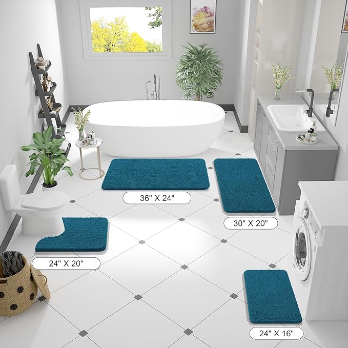 OLANLY Bathroom Runner Rugs 47x17, Soft Absorbent Chenille Bath Rugs, Rubber Backing Quick Dry, Machine Washable Long Bath Mats for Bathroom Floor, Tub and Shower, Home Decor Accessories, Peacock Blue