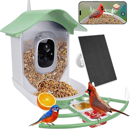 Smart Bird Feeder with Camera Solar Powered,AI Identify Species,2K HD Video Auto Capture Live for Outdoor Backyard,Ideal Gift for Family Bird Lovers (Green)