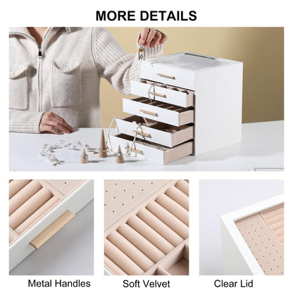 Frebeauty Clear Lid Jewelry Box,5-Layer Jewelry Organizer with Drawer,PU Leather Jewelry Organizers and Storage,Jewelry Boxes for Women,Jewelry Storage for Rings Earring Stud,Gift for Women(White)