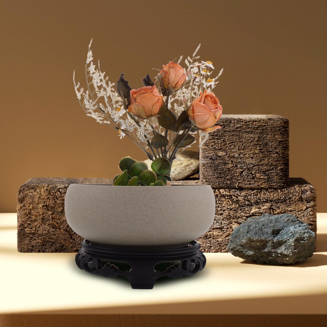 Ceramic Bowl, Hydroponic Planter Water Lily Bowl with Stand Ceramic Lotus Planter for Lotus Flowers Decorative Garden Flower Pot Container