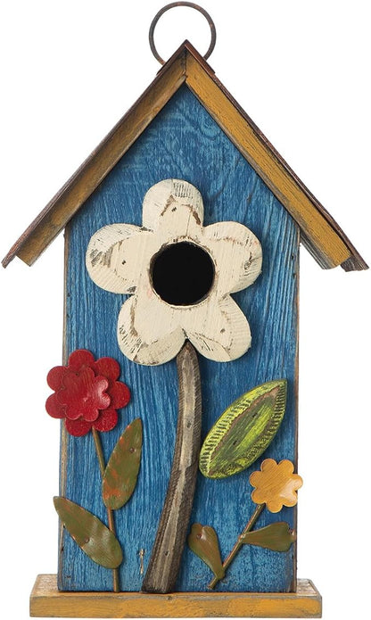 Glitzhome Hanging Bird House for Outdoor, 10.2" H Decorative Birdhouse Pet Cottage Distressed Wooden Bluebird House with 3D Flowers for Outdoor Patio Garden, Washed Blue