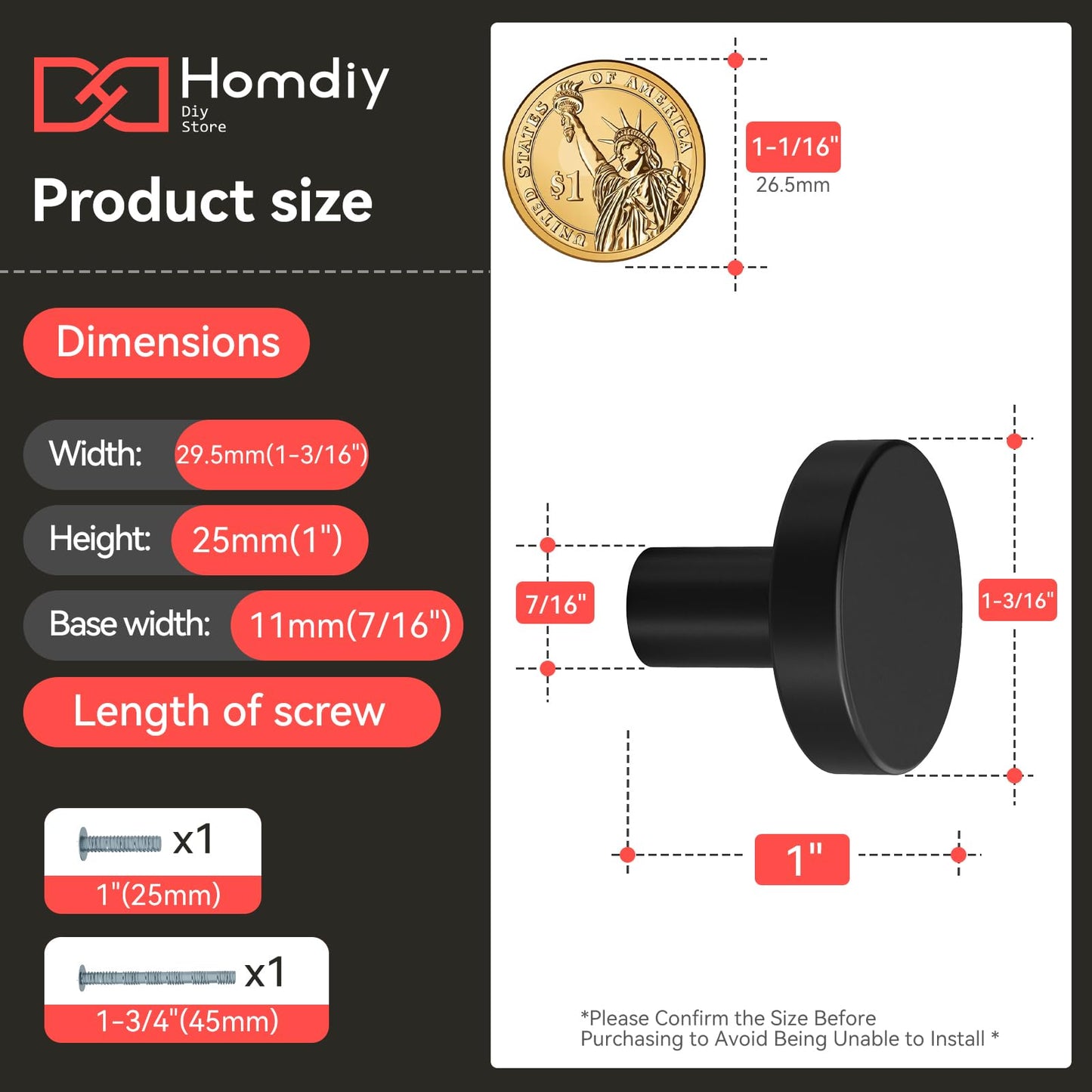 homdiy 10 Pack Black Cabinet Knobs, Round Kitchen Drawer Knobs, Matte Black Knobs for Cabinets, Metal Handles for Desk Drawers Cupboard