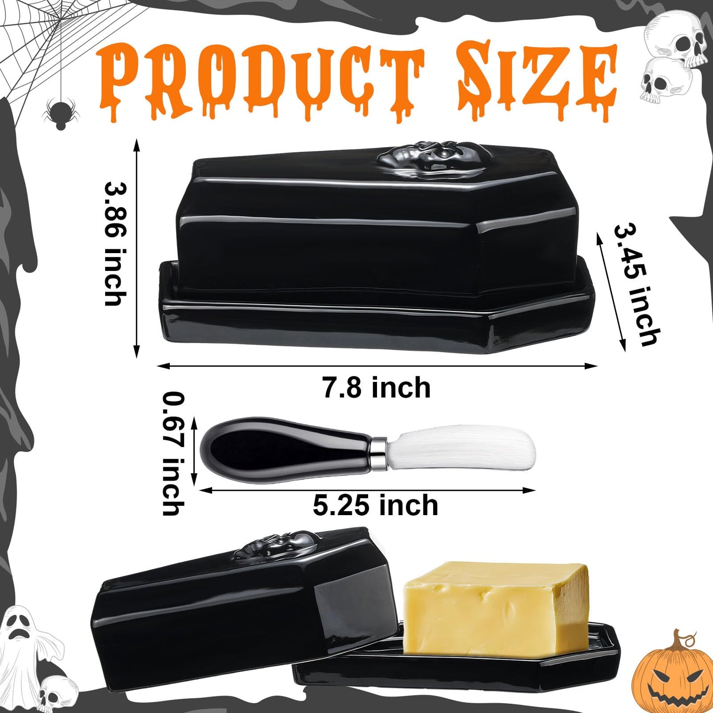 Reallnaive 2 Pcs Coffin Butter Dish with Lid Set with Butter Knife Black Gothic Skull Shape Ceramic Halloween Gothic Horror Kitchen Utensils Gift for Halloween Table Decoration Party Supplies(Flat)