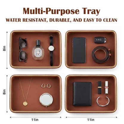 Fiwochic PU Leather Valet Tray 11 x 8 x 1.75 Inch Desktop Storage Organizer Catchall Bedside Table Tray Nightstand Caddy Holder for Men Women Gift for Key Bowl Wallet Phone Coin Vanity Perfume