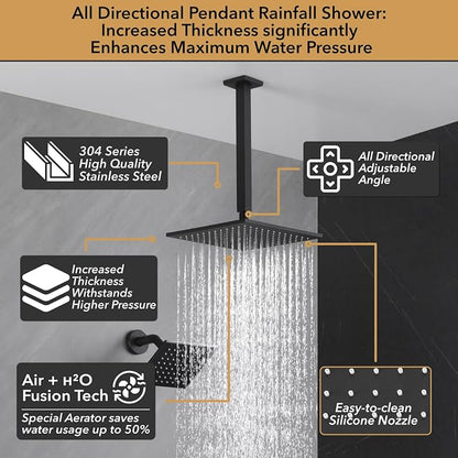 VANFOXLE Shower Faucet Set Matte Black Shower System, Push Button Diverter Shower Faucet with Trim Kit, Ceiling Mount 10 Inch Shower Head Increased Thick, 6 Inch Side Shower Head, 2-in-1 Handheld
