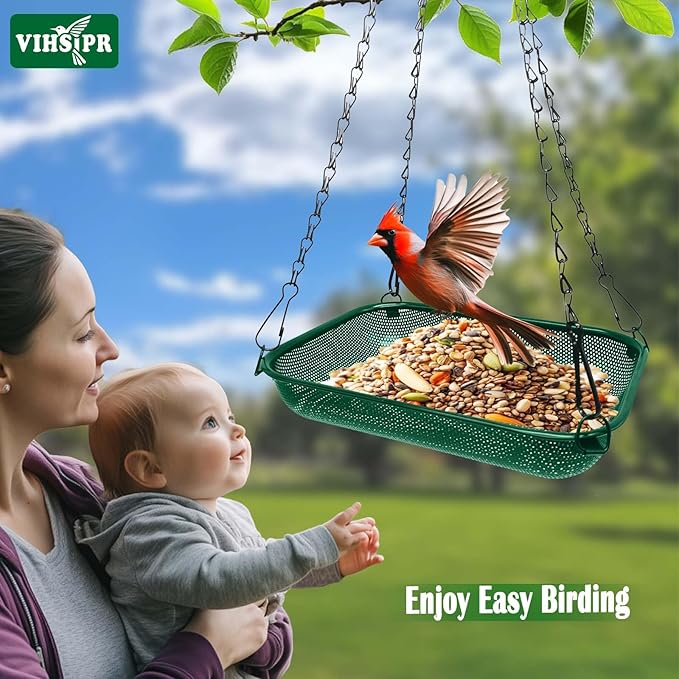 Hanging Bird Feeder for Outdoors – 12 x 8 in Rectangular Platform Bird Feeder, Metal Mesh Seed Tray for Wild Birds, Green