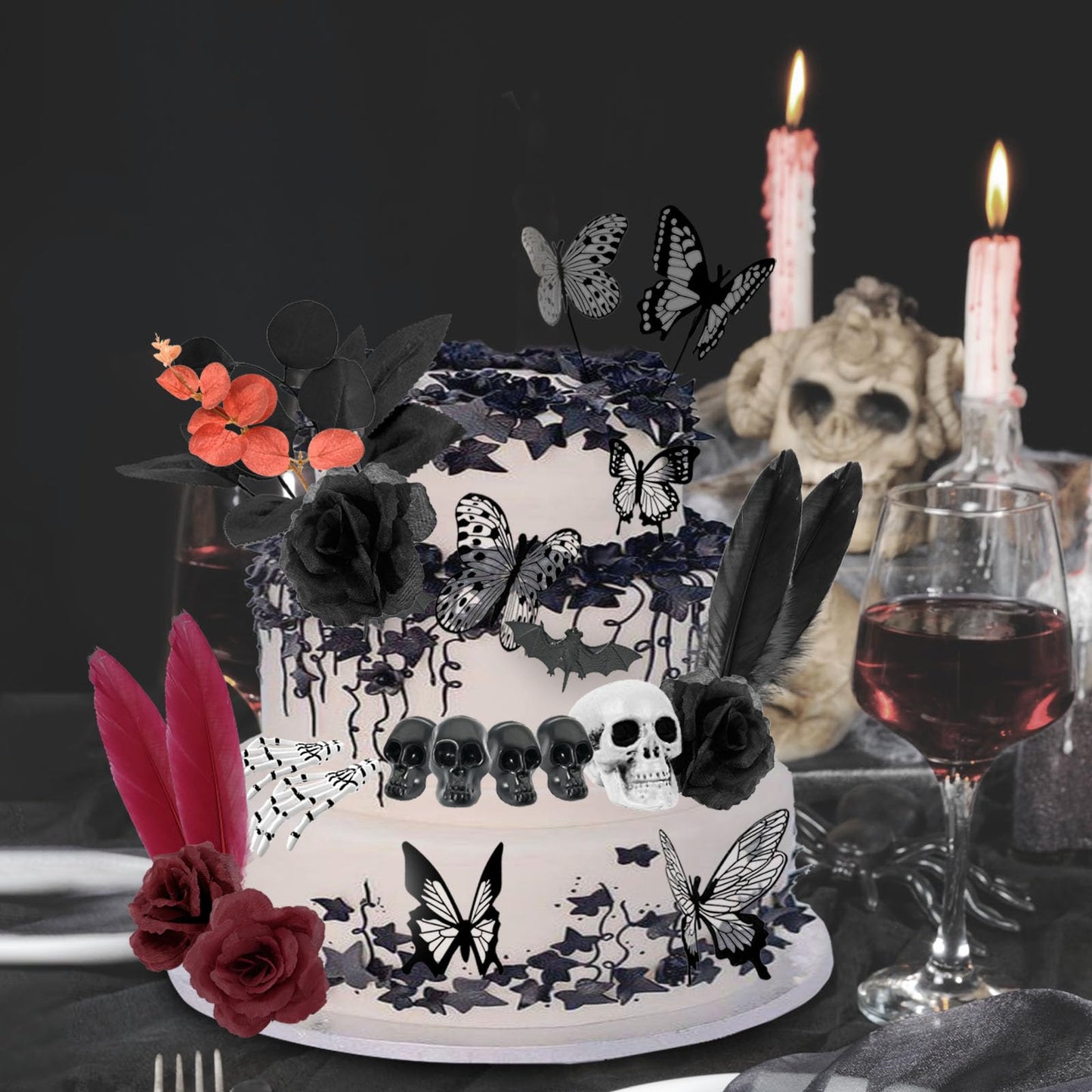 TSVATE Gothic Cake Decorations - 26PCS Black Cake Toppers with Red Black Rose, Skull, Butterfly Cupcake Toppers for Goth Birthday, Wedding, Halloween