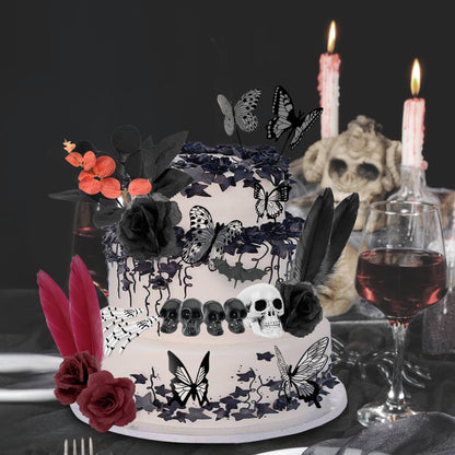 TSVATE Gothic Cake Decorations - 26PCS Black Cake Toppers with Red Black Rose, Skull, Butterfly Cupcake Toppers for Goth Birthday, Wedding, Halloween
