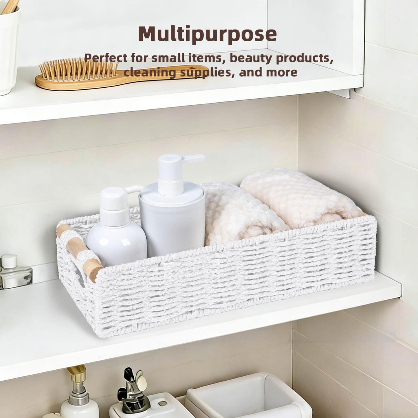 CubesLand Back of Toilet Storage Basket for Organizing w/Cut Out Handle, Handwoven Toilet Tank Top Paper Baskets, Small Wicker Decorative Basket for Countertop, Home, Living Room, Nursery, White