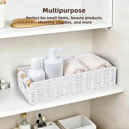 CubesLand Back of Toilet Storage Basket for Organizing w/Cut Out Handle, Handwoven Toilet Tank Top Paper Baskets, Small Wicker Decorative Basket for Countertop, Home, Living Room, Nursery, White