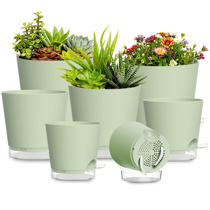 SQKH Plant Pots 4/5/5.5/6/6.5/7/8 Inch Self Watering Pots, 7 Pack Plastic Planters with Drainage Holes and Clear Saucers,Plastic Flower Pots,Nursery Planting Pot for Indoor Out Door Plants (Green)