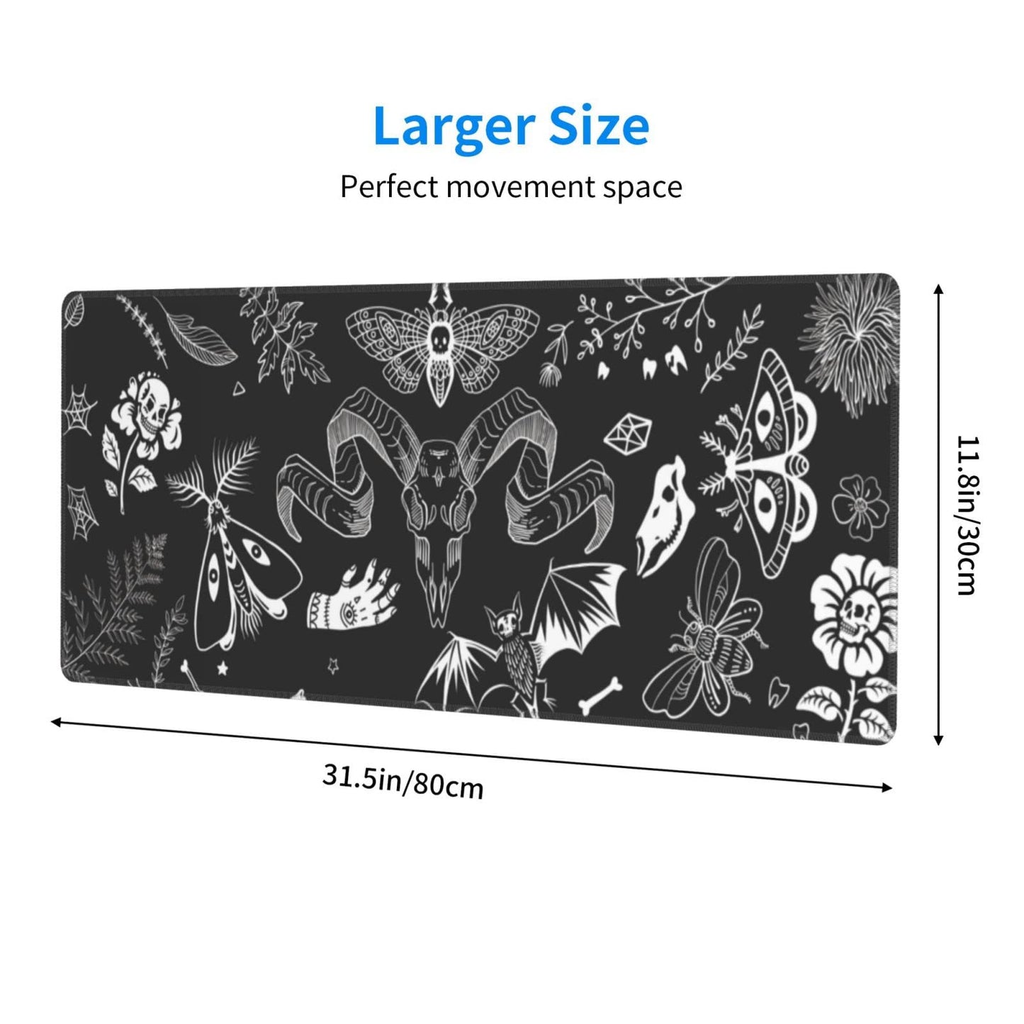 Witch Skeleton Goat Gaming Mouse Pad XL Black and White Large Extended Non Slip Rubber Base Desk Mat Stitched Edge Keyboard Mat 31.5x11.8 Inch