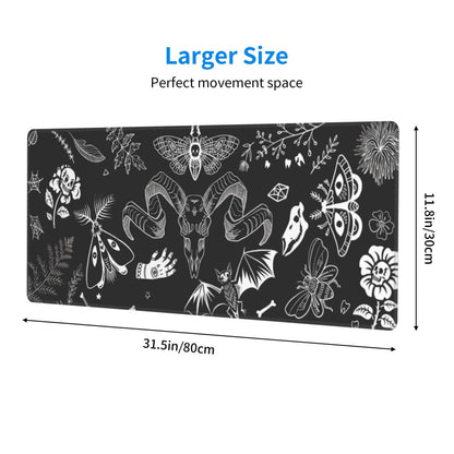 Witch Skeleton Goat Gaming Mouse Pad XL Black and White Large Extended Non Slip Rubber Base Desk Mat Stitched Edge Keyboard Mat 31.5x11.8 Inch