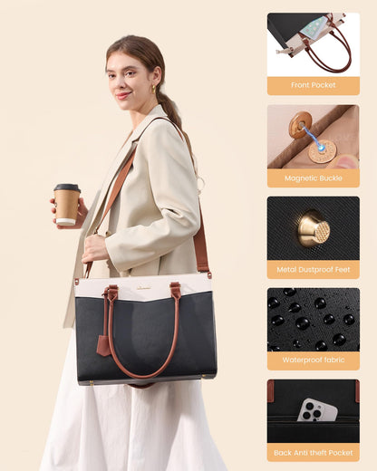 LOVEVOOK Laptop Bag for Women 15.6 inch, 2-in-1 Leather Structured Briefcase with Compartments and Clutch, Large Capacity Waterproof Multi Pocket Tote Bag, Brown