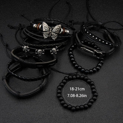 Aijewelop 10pcs/set Black Punk Style PU Leather Bracelet Set - Adjustable Cuff Wraps for Men & Women, Perfect for Casual Attire & Gifting
