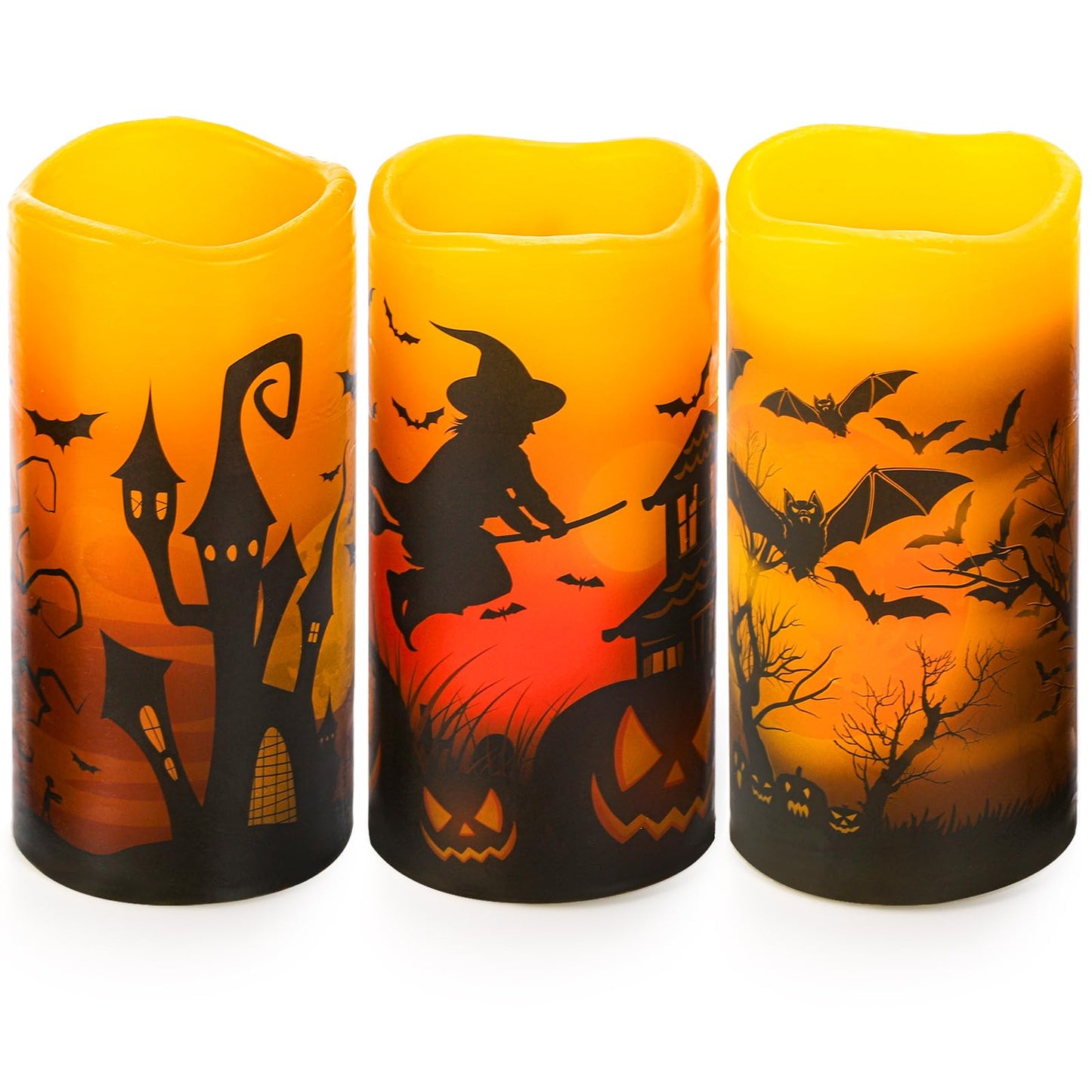 Hbaushun Halloween Flameless Candles 3 Pack with 6 Hour Timer,Battery Operated Real Wax LED Pillar Flickering Candles Warm Light with Castle, Witch, Bats Decal Halloween Decorations Candles