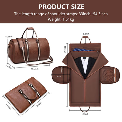 Leather Garment Bags for Travel, Convertible Carry on Garment Duffel Bag for Men, 2 in 1 Waterproof Foldable Travel Suit Bag with Shoulder Strap Weekender Bag with Shoe Pouch