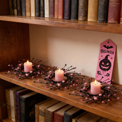 4 Pcs Pink Halloween Mini Candle Ring Wreaths Black Twig & Pink Buds with Bead Accents Artificial Pillar Candle Holder Wreath for Spooky Cute Gothic Home Cabinet Table Porch Decoration