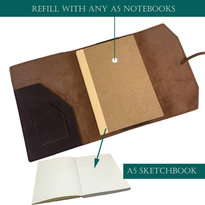 CooLeathor Refillable Leather Journal Writing Notebook - Handmade Leather Journal for Men, A5 Diary Cover Refillable Sketchbook to Drawing, Large 6"x8", Dark Brown