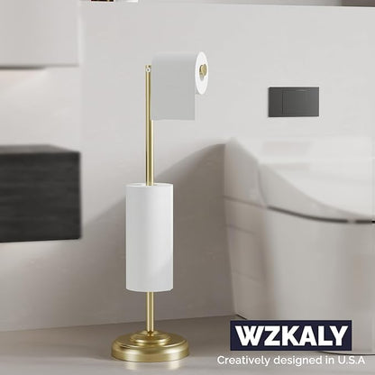 Freestanding Toilet Paper Holder Stand with Storage – Holds 4 Extra Rolls – Brushed Gold Toilet Paper Holder for Bathroom – Sturdy Base, Classic Retro Style, Space-Saving Bathroom Storage