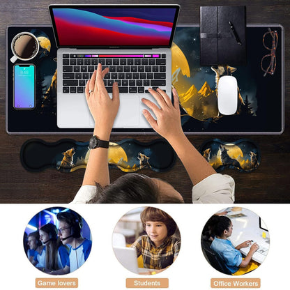Ergonomic Keyboard Wrist Rest & Mouse Pad Wrist Rest Set, Large XXL Gaming Desk Mat 31.5"x 11.8" with Memory Foam, Easy Typing Pain Relief for Office & Home, Wolf Howling Under The Moon