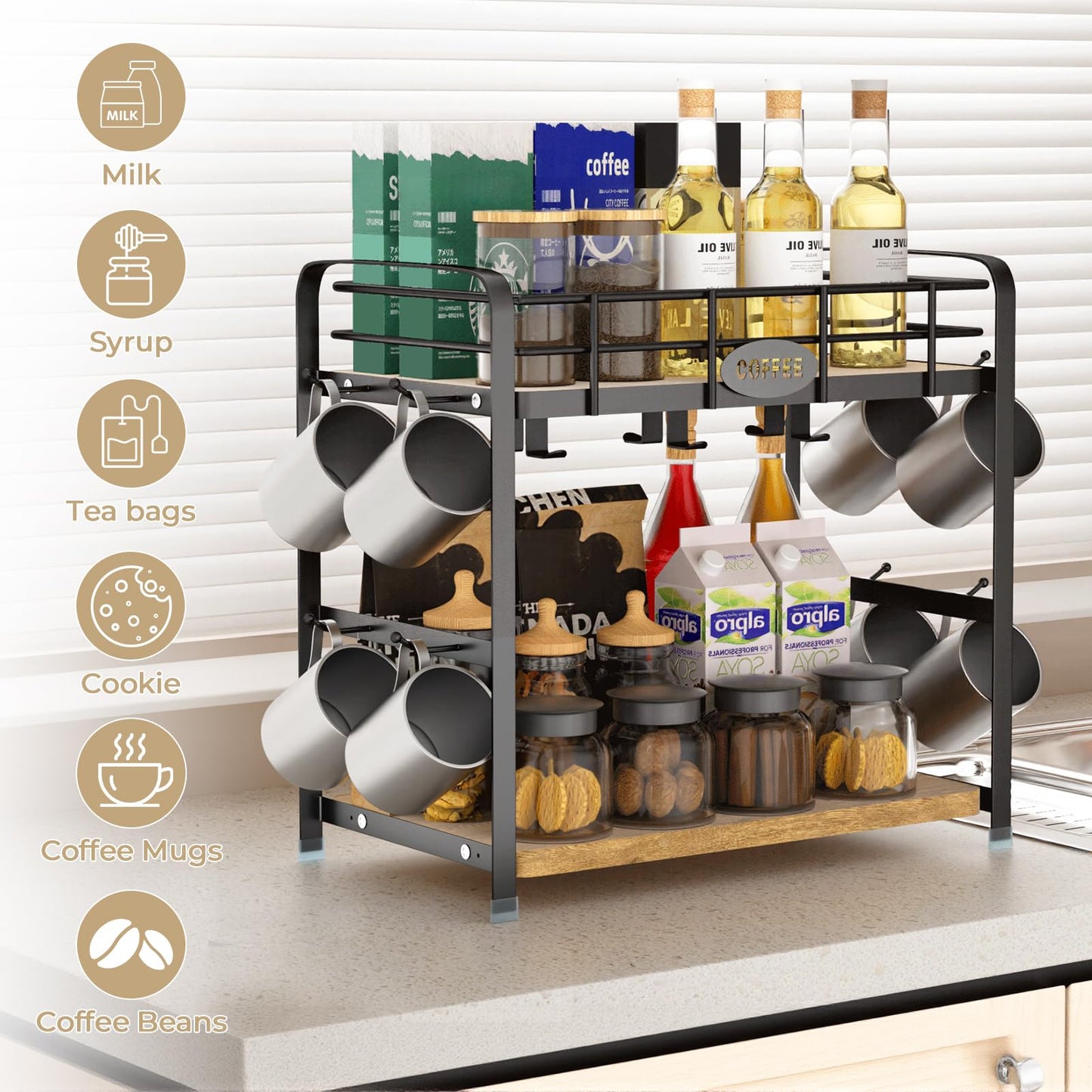 Vivise Coffee Bar Organizer Coffee Cup Holder 2 Tier Mug Stand Rack for Countertop Kitchen Storage with 14 Hooks