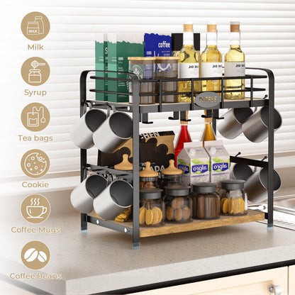 Vivise Coffee Bar Organizer Coffee Cup Holder 2 Tier Mug Stand Rack for Countertop Kitchen Storage with 14 Hooks