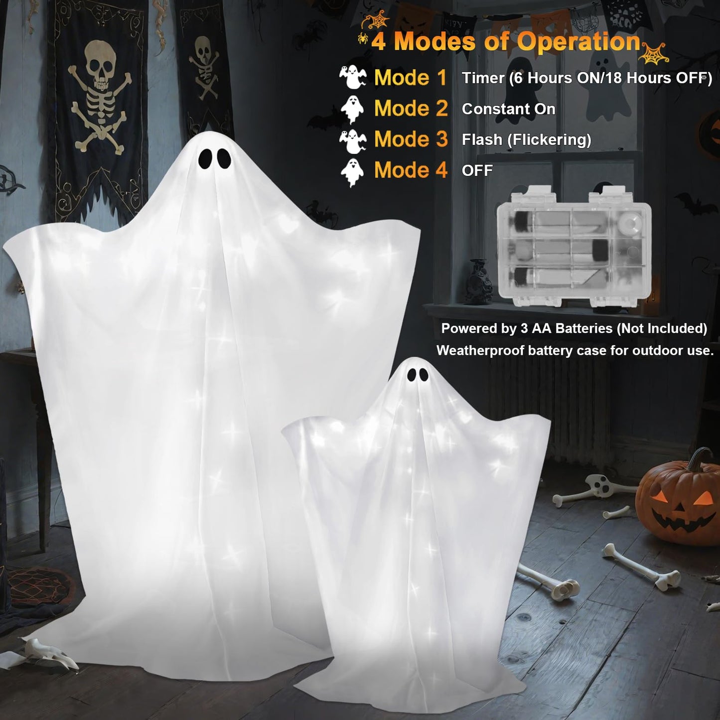 2 Pack Halloween Ghosts Outdoor Large 60'' & 36'' White Outdoor Ghost Decorations with String Lights Scary Ghosts Halloween Decorations Light Up Ghost Kit for Garden Porch Yard Party (White)