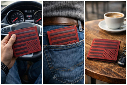 ASAD Genuine Leather Wallet for Men & Women | Compact & Spacious with 18 Card Slots, Expandable Currency Compartment & ID Window | Double-Stitched, RFID Blocking | Bordo Crazy Horse American Flag