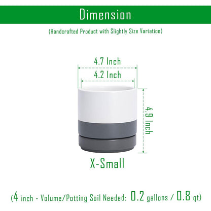 D'vine Dev Set of 4 Small Ceramic Plant Pots, 4.7 Inch Succulent Planter Pot for Plants with Drainage Hole and Saucer, White/Speckled Grey, 94-X-B-6