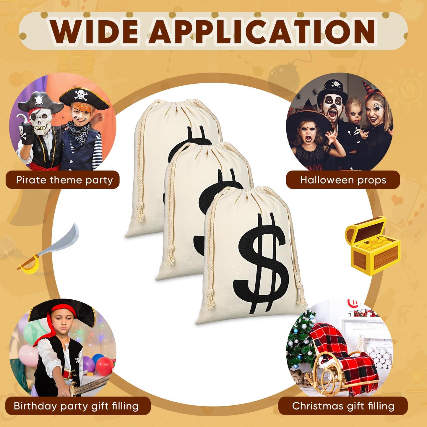LEIFIDE 4 Pcs Canvas Money Bag Pouch with Drawstring Dollar Sign Carrying Sack Costume Props Canvas Coin Bag for Halloween Cosplay(6.3 x 9 Inch)