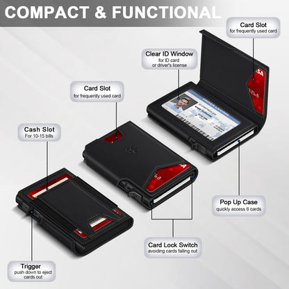 Wallet for Men Wallet with Slim Pop Up Card Holder 9-13 Cards, Bifold Minimalist Smart Wallet RFID Blocking Credit Card Holder with ID Window & Stretchable Cash Slot Compact Metal Aluminum Card Case