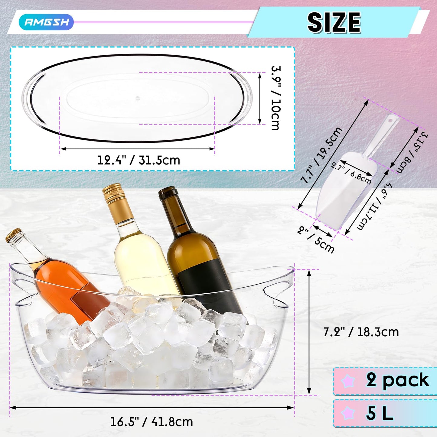 AMGSH 2 Pcs Ice Bucket, 5L Beverage Tub with Scoops, Clear Ice Buckets for Parties, Portable Drink Cooler for Cocktail Bar, Champagne Bucket for Beverage/Wine/Beer, Mimosa Bar Supplies Chiller Tub
