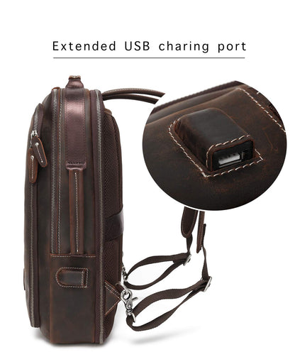 LANNSYNE Men's Full Grain Leather Expandable 15.6 Laptop Backpack Tote Shoulder Travel Bag Rucksack