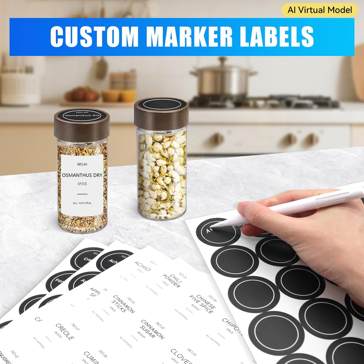 VIBRATITE 30 Pack Spice Jars with Acacia Lids, 4 oz Round Glass Jars Spice Containers Set with Labels, Pen, Funnel, Seasoning Storage Bottles with Shaker Lids for Rack, Cabinet, Drawer