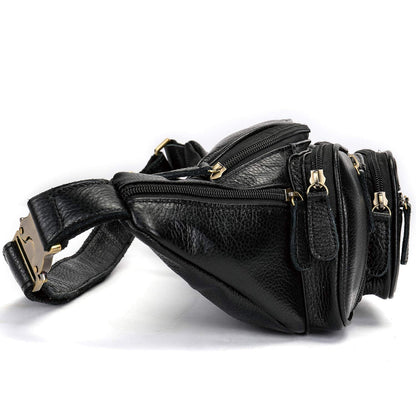 Genuine Leather Fanny Pack large capacity Crossbody Waist Bag with Zipper phone Pockets black
