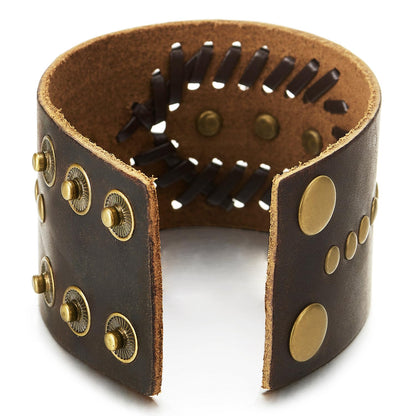 COOLSTEELANDBEYOND Men’s Brown Leather Skull Cuff Bracelet, Wide Adjustable Wristband with Vintage Punk Detail, Biker Fashion Jewelry Gift for Him